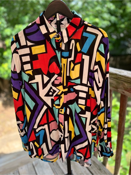 Big Dart Tops - Vintage 90s BIG DART Vibrant Abstract Geometric Button-Up Shirt